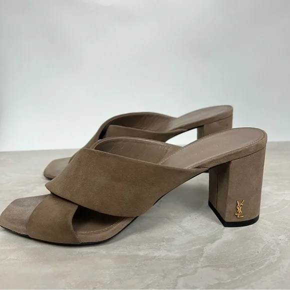 Saint Laurent Loulou 70 Mules Suede Heeled Sandals Mocha Brown Heels EU 37 $795 - Picture 5 of 13